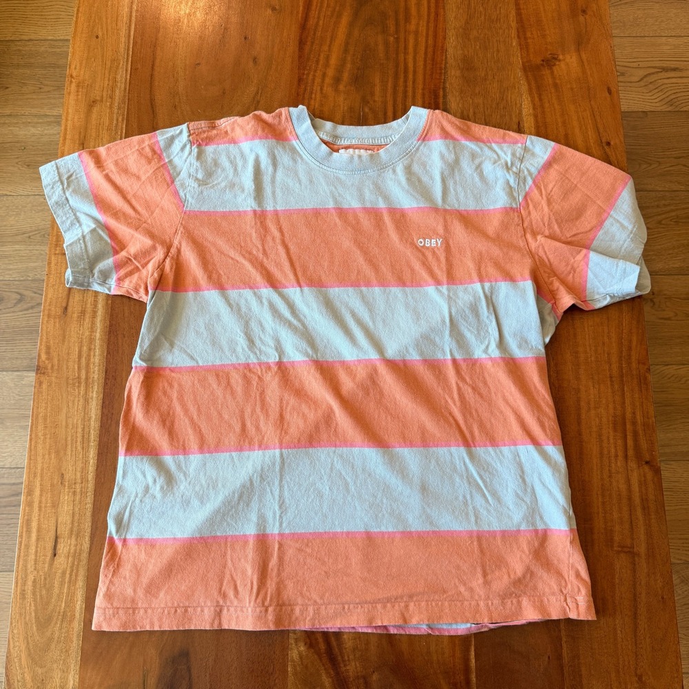 Obey Men's Orange/Pink/Gray Striped Short Sleeve T-Shirt Size L‎